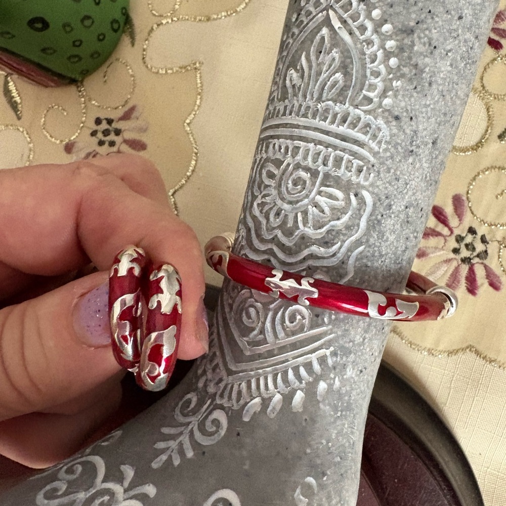 Red Enamel Sterling Silver Huggie Hoop Earrings and Bracelet Milor Italy